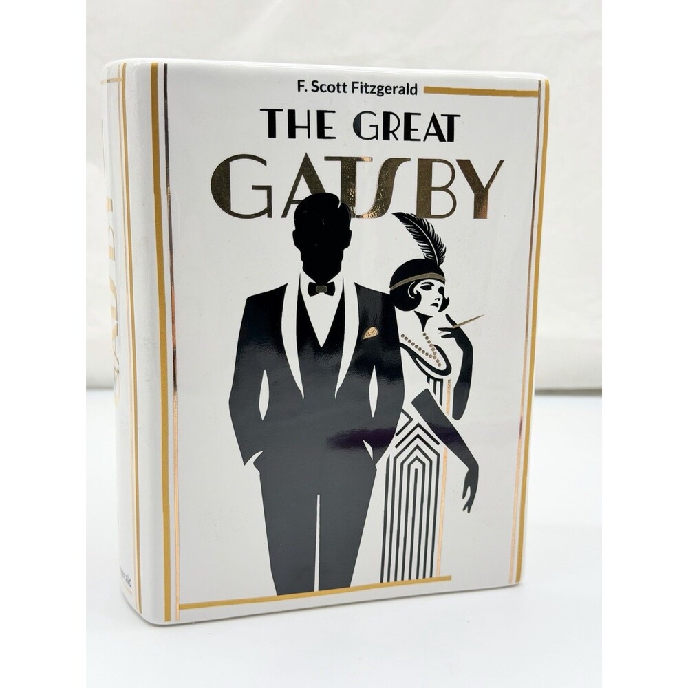H&H the Great Gatsby Book Vase for Flowers White & Gold Ceramic Planter 6.5in H